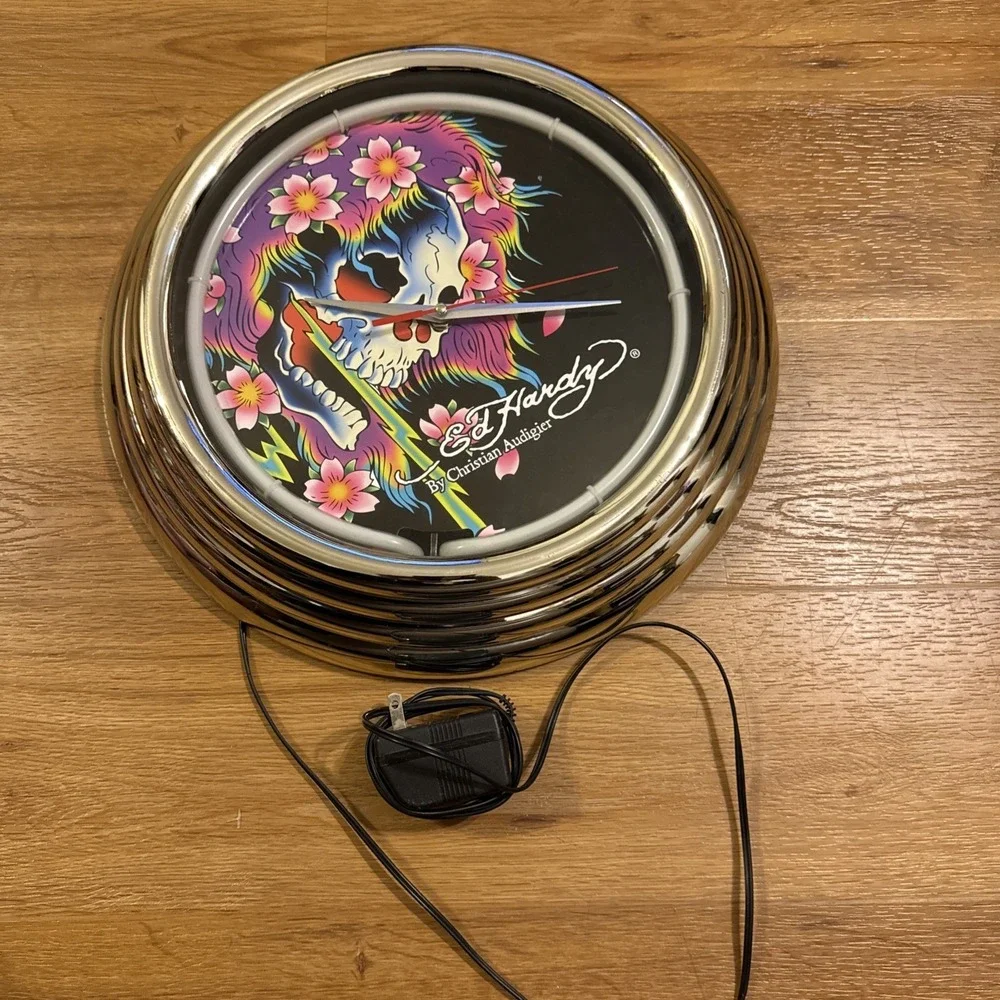 Ed Hardy Neon Wall Clock Skull Flowers Christian Audigier Y2K Tattoo Chrome 14.5